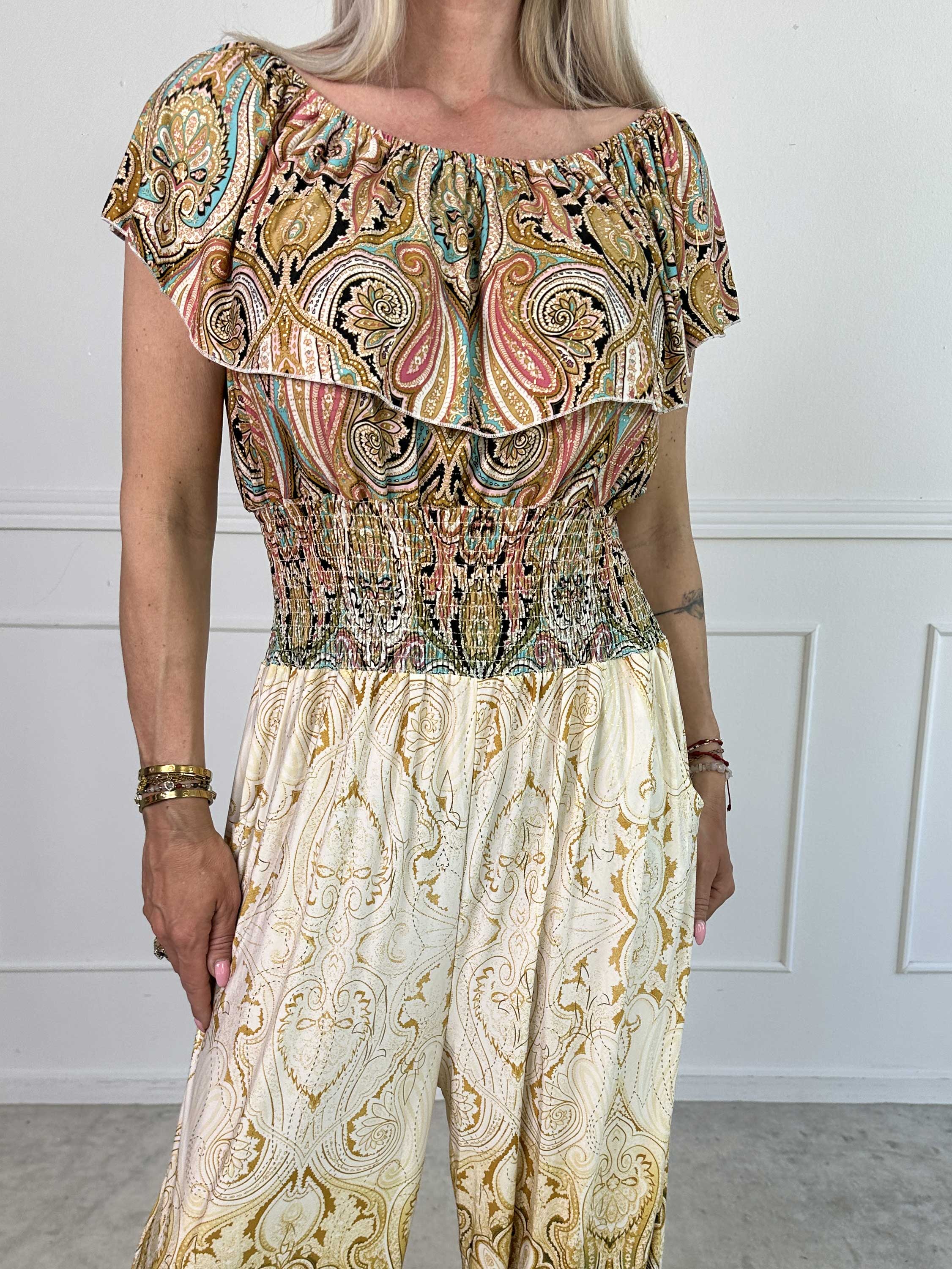 Pams Paisley Frill Jumpsuit - Elastisk jumpsuit med smock och volang